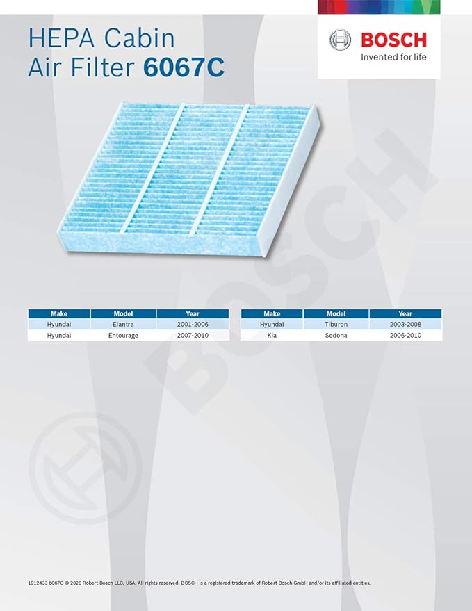 BOSCH 6067C HEPA Cabin Air Filter - Compatible with Select Hyundai Elantra, Entourage, Tiburon; Kia Sedona