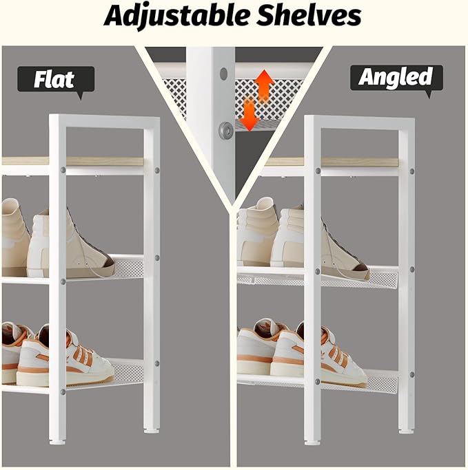 Shoe Rack for Front Door Entrance, 3 Tier Shoe Rack for Entryway, Shoe Shelf for Closet, Metal Shoe Racks Organizer with Sturdy Wooden Top & Steel Frame,(White+Beige)