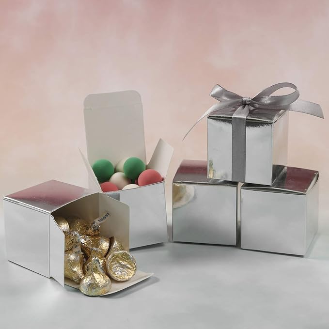 COTOPHER 60pcs Wedding Favor Boxes, Paper Gift Boxes 3x3x3 Inches Small Gift Boxes with Ribbons Small Boxes for Gifts, Crafting, Cupcake, Candy, Bridesmaid Proposal Boxes (Metallic Silver)