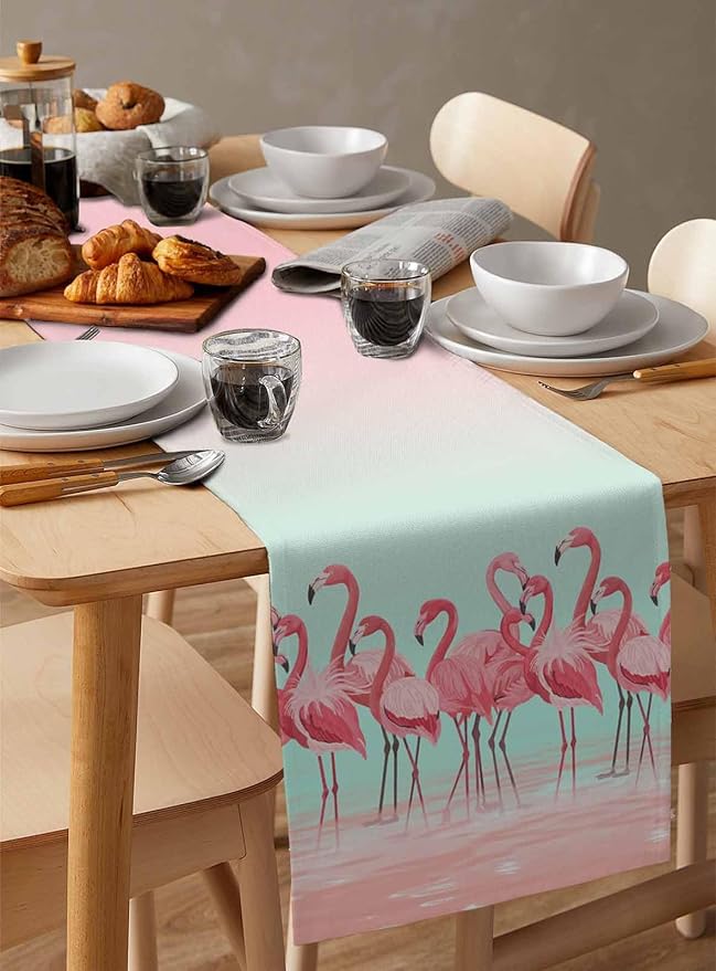 Tropical Flamingo Cotton Linen Table Runner for Dining Kitchen, Wedding Outdoor Party Tablerunners Decoration, Pink Bird Coastal Nautical Animal Dresser Scarf Coffee Tablecloth Runners 13x48 Inches