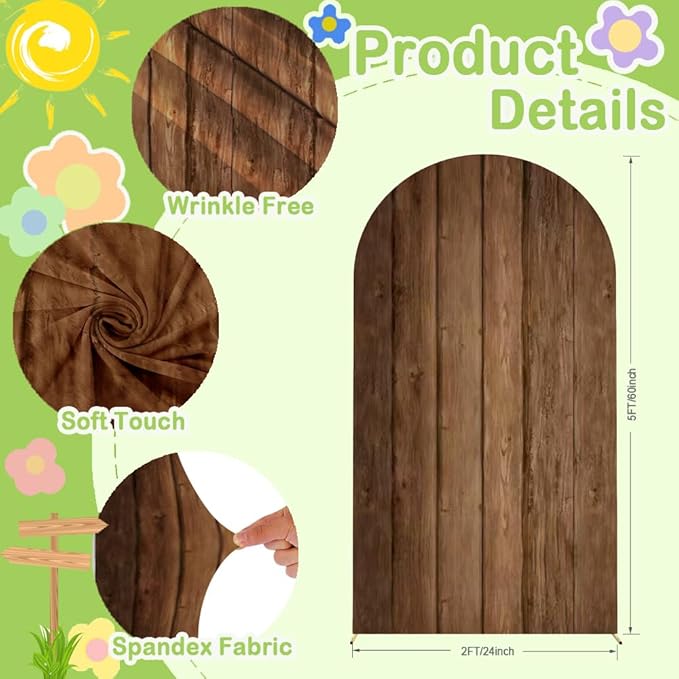Wood Arch Cover 5ft Arch-Backdrop-Cover Cowboy Brown Arch Covers Stretchy Backdrop Double Sided White and Wood Print Back Drop Cover for Baby Shower Wedding Rustic Farmhouse Jungle Party Decor