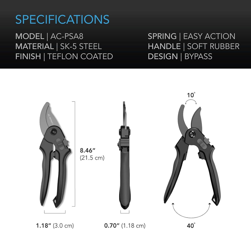 AC Infinity 8” Professional Bypass Pruning Shear, Stainless Steel SK-5 Blades with Nonstick Teflon Coating, Tree Trimmer Secateurs for Gardening, Hydroponics, Grow Tents