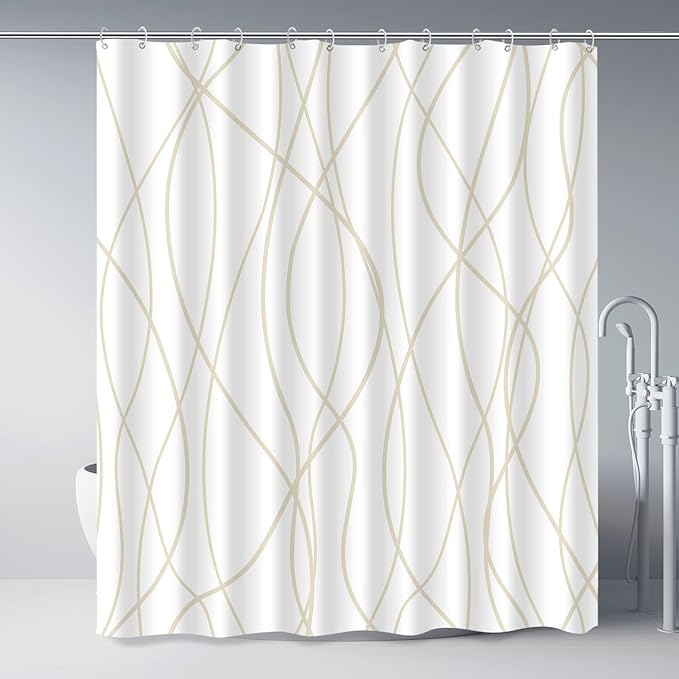 Punkray Beige Khaki Shower Curtain for Bathroom with Hooks, Extra Long Shower Curtain Set Stripe Bath Curtains Decorative White Shower Curtains Weighted Hem Water Repellent Washable, 72 x 72