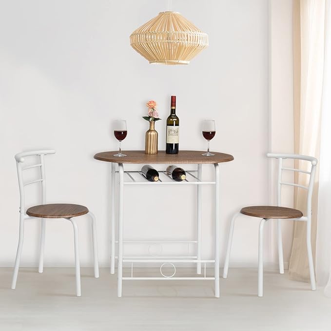 VINGLI 3 Piece Dining Set,Small Kitchen Table Set for 2,Breakfast Table Set,Kitchen Wooden Table and 2 Chairs for Small Space/Dining Room/Apartment,Metal Frame,Wine Rack,White&Warm Oak