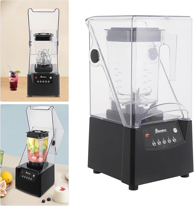 1.8L Professional Commercial Blender with Soundproof Cover, 2600W Industries Strong and Quiet Professional-Grade Power, with Custom Time and Removable Blades, Black