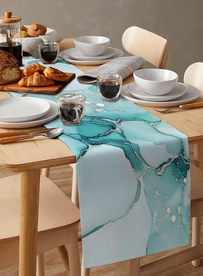 Turquoise Marble Cotton Linen Table Runner for Dining Kitchen, Wedding Outdoor Party Tablerunners Decoration, Nature Marble Crack Country Retro Dresser Scarf Coffee Tablecloth Runners 13x108 Inches