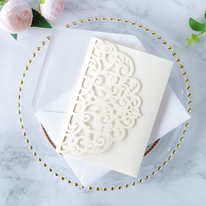ponatia 5.12 x 7.2 Ivory Laser Cut Wedding Invitations, Trifold Laser Cut Invitation Pockets with Envelopes for Wedding Bridal Shower Engagement Quinceanera Invitations (20PCS No Inner Sheet)