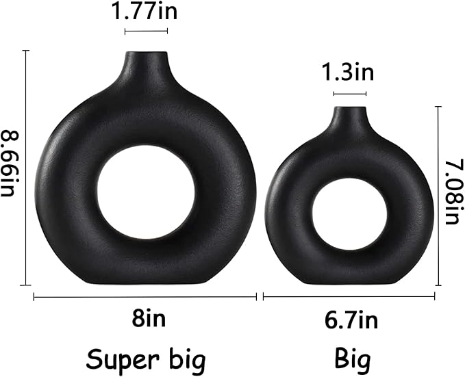 Black Ceramic Vase Set of 2 for Modern Boho Decor,Round Matte Pampas Flower Vases Minimalist Nordic Boho Ins Style for Wedding Dinner Table Party Living Room Office Bedroom, Decorative Gift