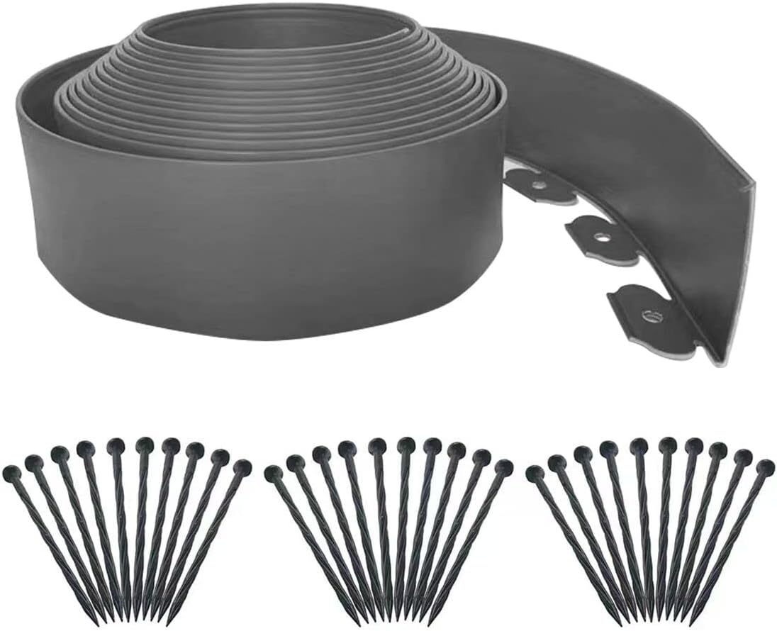 Landscape Edging 33ft,Garden Borders Edging [Extra Tall 4IN ] with 30pcs Spikes,Lawn Edging Kit Flexible Mini Plastic Fence for Grass Yard Flower Bed -Grey