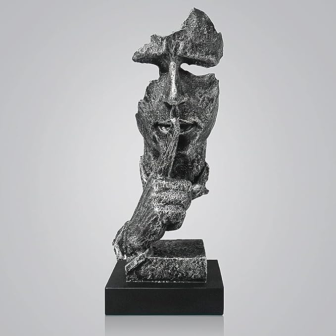 fazhongfa Thinker Statue - Silence is Gold Modern Decor Creative Abstract Art Figurine Resin Sculptures Decoration Room Home Study Office Figurines for Desktop Shelf Table Ornament (Silver)
