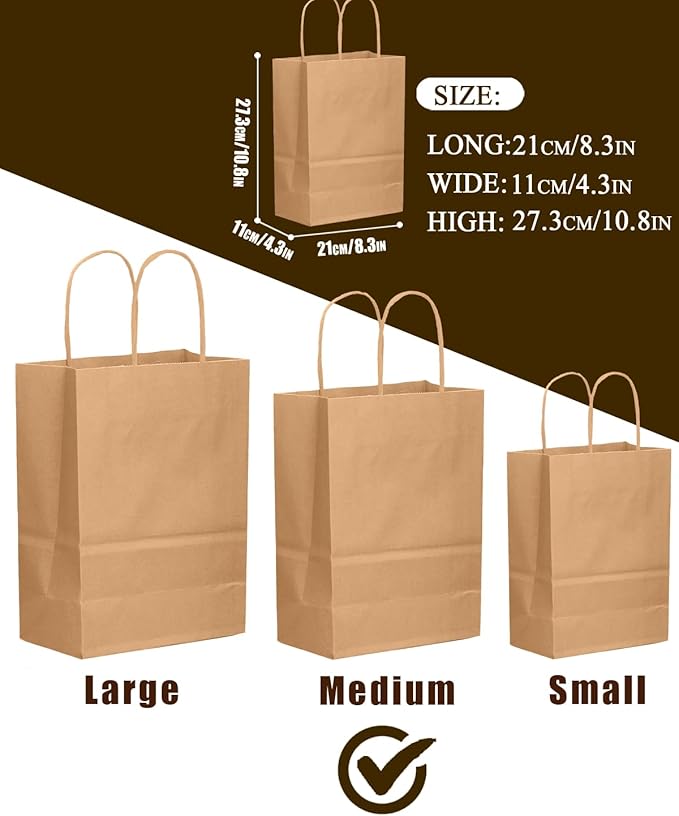 qiqee 100-Packs Brown Paper Gift Bags with Handles Bulk 7.6"x4.75"x10.5" Medium Size Gift Bags Multiple Uses