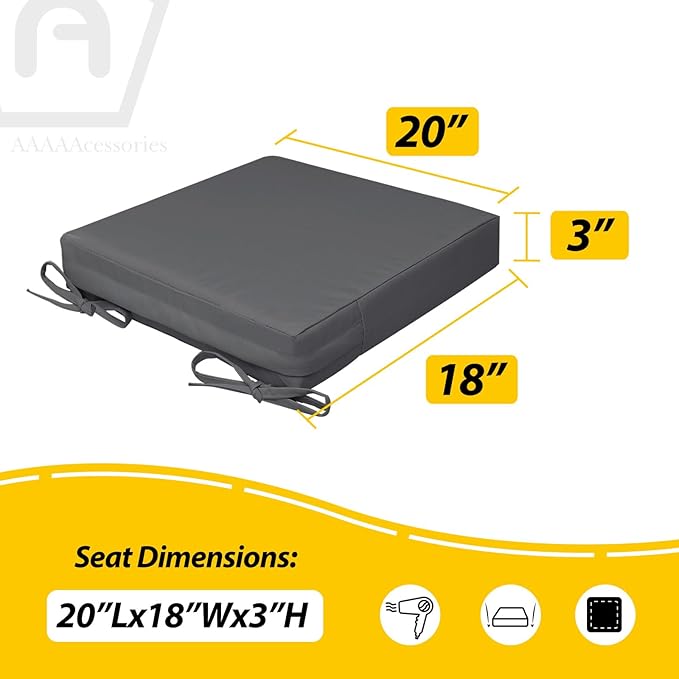 AAAAAcessories Outdoor Seat Cushions for Chairs, Waterproof, Fade-Resistant, 20" x 18" x 3", Patio Furniture Replacement Cushions, Set of 2, Dark Gray