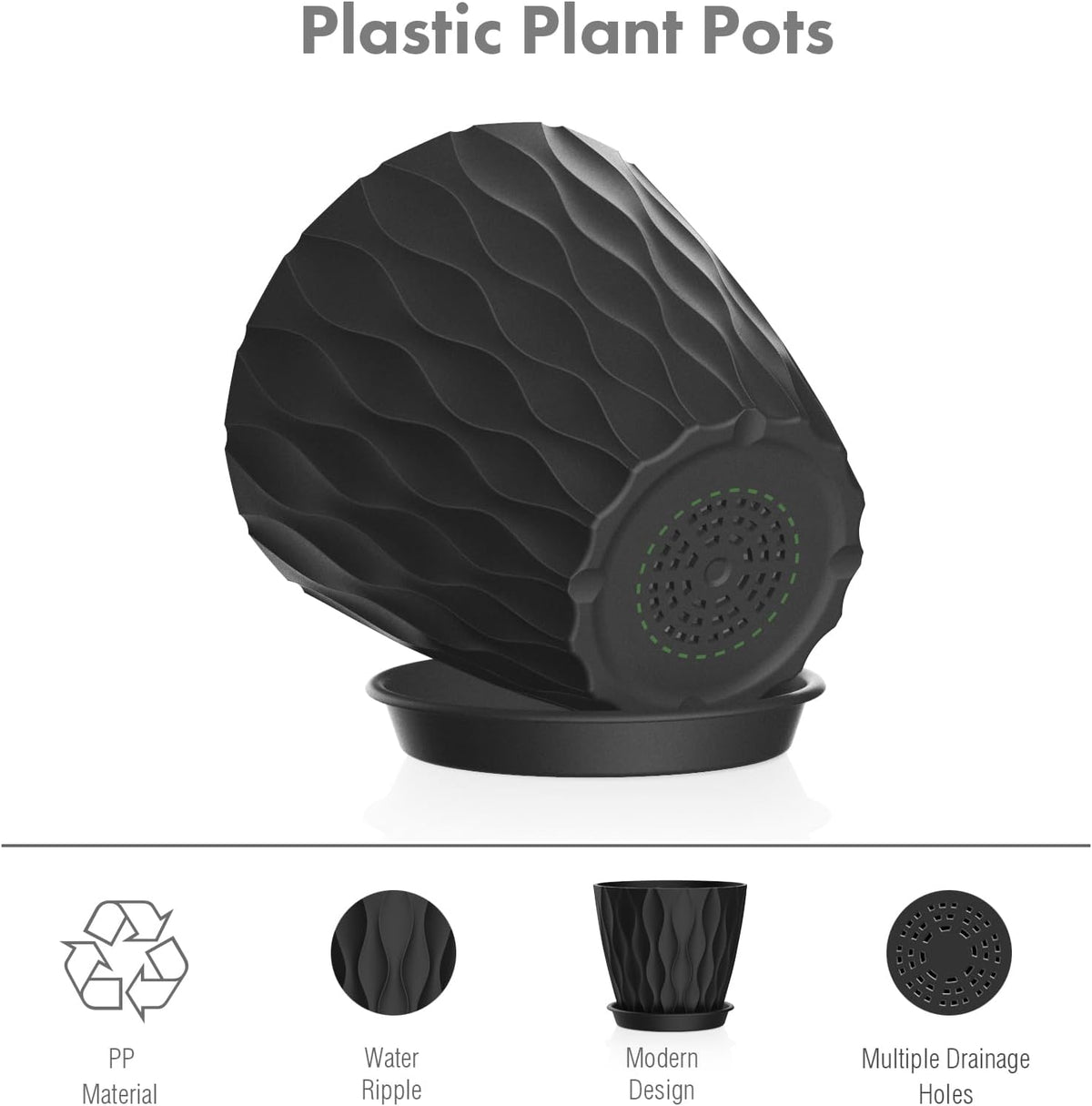 4 inch Small Plastic Nursery Pots, Seedling Pots, 5 Set Water Ripples Plant Pots for Indoor Plants, Flower Pots with Drainage Holes and Saucers, Seed Starter Pots for Succulent Plants, Black