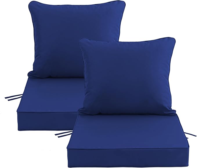 24x24 Inch Outdoor Chair Cushions Set of 2, Patio Furniture Cushions - Removable Cover, Water-Repellent, Fade-Resistant, Non-Slip Bottom & Straps, Replacement for Deep Seat Sofa & Couch - Navy