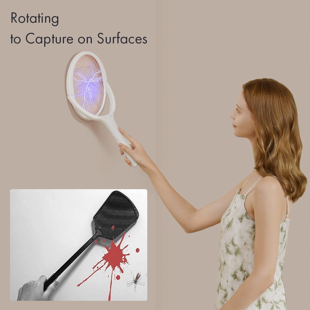 GeckoMan Rotating Head Electric Fly Swatter Racket Rechargeable Bug Zapper Racket Bug Zapper Indoor Fly Zapper Mosquito Zapper Flies Killer for Indoors