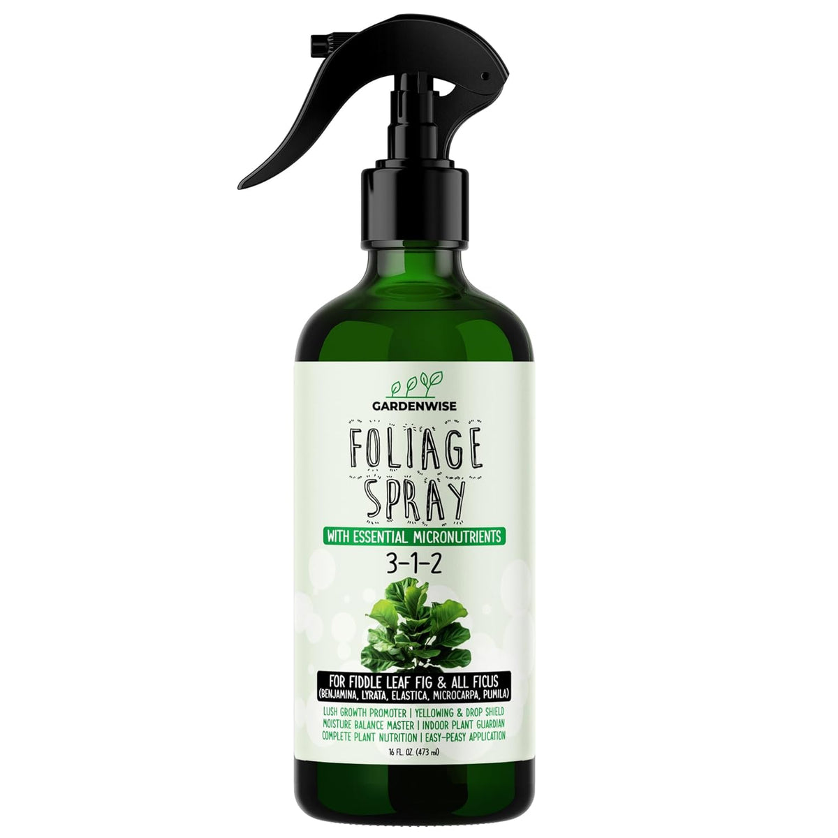 3-1-2 Fiddle Leaf Fig Foliar Spray - Plant Shine & Fertilizer - Premium Spray for Indoor Plants with Essential Nutrients - Fiddle Leaf Fig Plant Food & Fertilizer - Ready-to-Use (16 OZ)
