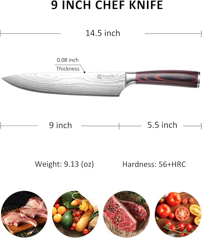 PAUDIN Chef Knife - 9 Inch Sharp Kitchen Knife with Sheath, High Carbon Stainless Steel Japanese cooking knives with Ergonomic Handle, Premium Gift Box