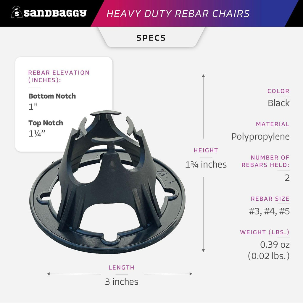 Sandbaggy Plastic Rebar Support Chairs - Elevates Rebar 1"" or 1-1/4"" - Concrete Chair for Rebar #3 to #5 and Steel Wire Mesh (2000, 1"" - 1.25"" Rebar Chair), Black