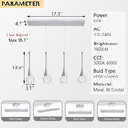 4-Lights Modern Pendant Lights for Kitchen Island LED Dimmable Crystal Glam Ceiling Pendant Lighting Chandelier for Dining Room Hallway Bedroom Silver