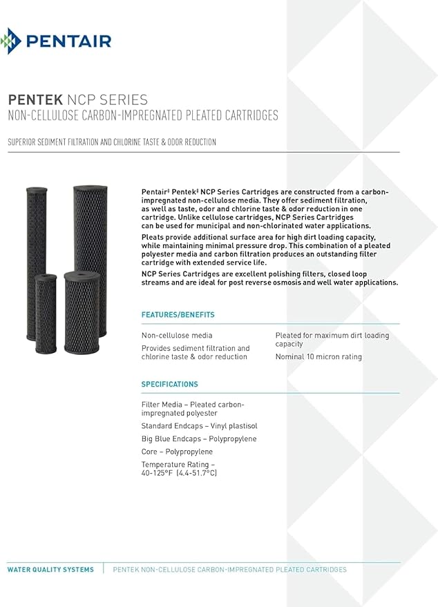 Pentair Pentek NCP-20BB Big Blue Carbon Water Filter, 20-Inch, Whole House Non-Cellulose Carbon Impregnated Pleated Filter Cartridge, 20" x 4.5", 10 Micron, Pack of 2