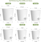 WSMKSZ 7/6.5/6/5.5/5/4 inch Self Watering Pots for Indoor Outdoor Plants, 6 Pack Plastic Flower Planters with Drainage Holes and Removable Saucers, Plant Pots with Wicking Rope, Modern Decor, White