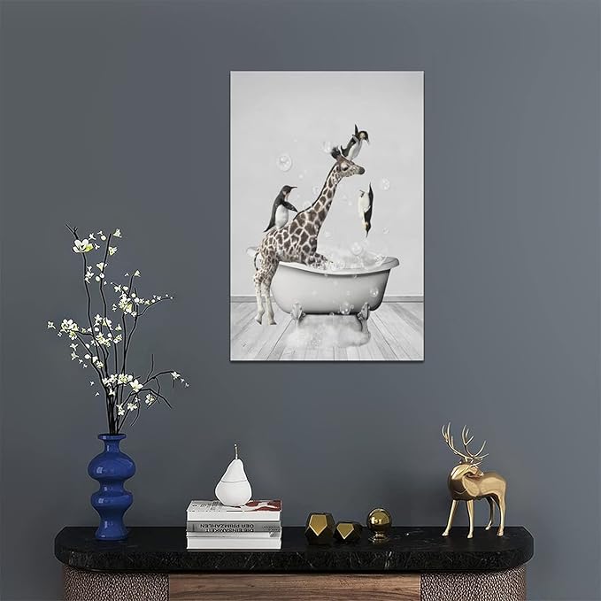 Funny Wall Art Giraffe and Penguin Bathroom Pictures for Kids - Animals in Bathtub Canvas Prints Artwork - Home Decorations for Bathroom, Bedroom, Toilet - Framed