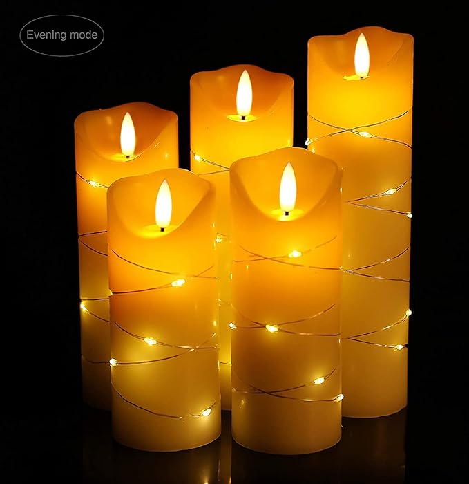 danip flameless Candle, with Embedded String Lights, 5-Piece LED Candles, with 10-Key Remote Control, 24-Hour Timer Function, Dancing Flame, Real Wax, Battery-Powered. (Ivory White)