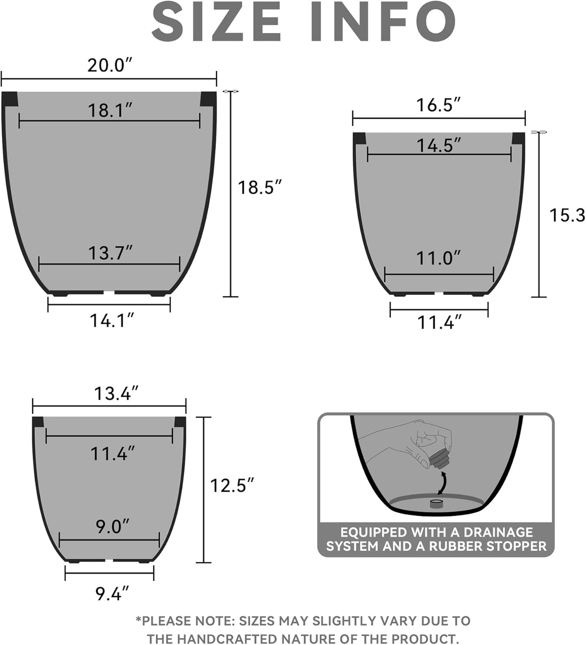 Kante 20",16.5",13.4" Dia Round Concrete Planters (Set of 3), Outdoor Indoor Modern Decorative Plant Pots with Drainage Hole & Rubber Plug for Home & Garden, Weathered Concrete