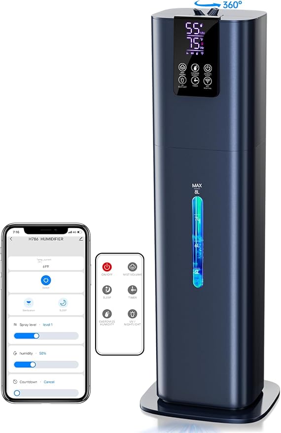 8L Smart Humidifiers for Bedroom Large Room, 2.1Gal Cool Mist Top Fill Diffuser Ambient Light, App & Remote Control, 3 Mist Modes, Quiet Humidifier for Home Office Plant (Blue)