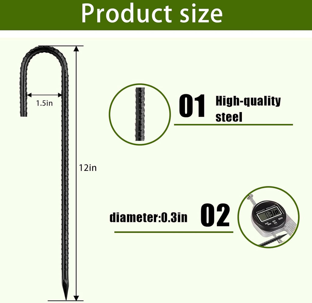Rebar Stakes 12 Inch, Ground Stakes Heavy Duty J-Hook Black Coated Anti-Rust Heavy Duty Ground Anchors for Garden Dog Fence Chicken Coop Christmas Decorations Deer Fence 30pcs