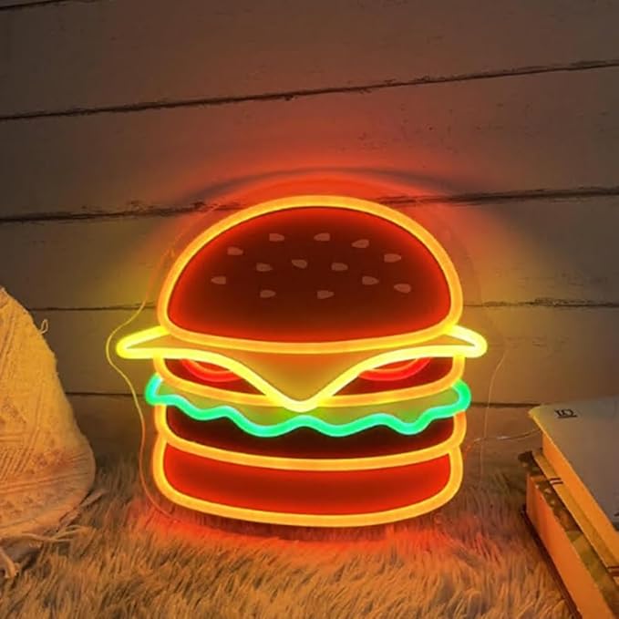 Burger LED Neon Sign, Custom UV Printed Hamburger LED Neon Light Home Kitchen Wall Decor Restaurant Fast Food Shop Decor Burger Lover Gift Size:20 X 17inch