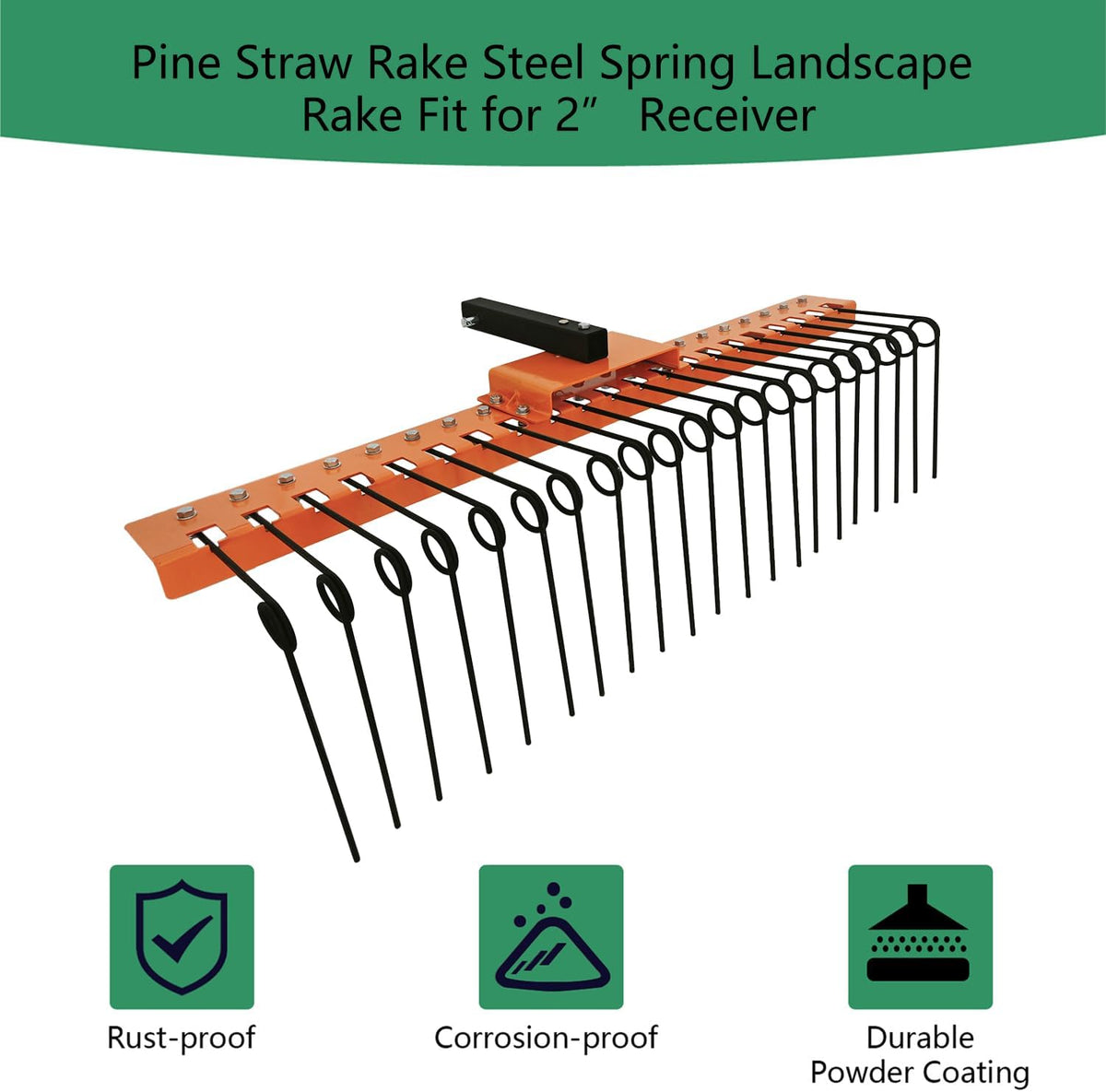 48" Durable Pine Straw Rake Steel Spring Landscape Rake Fits 2" Receiver for Lawn Tractors or ATV/UTV，Orange