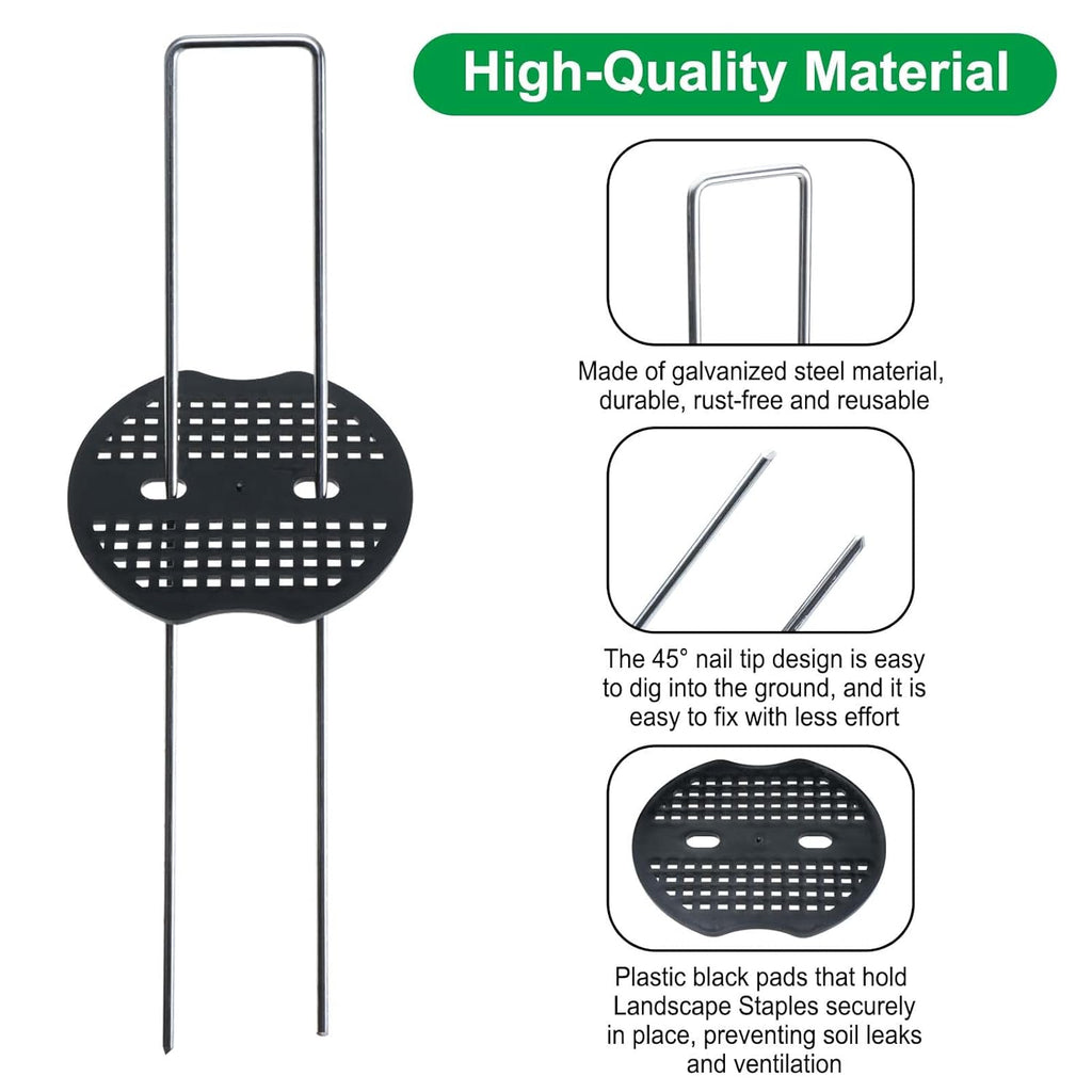 Finderomend 100 Pack Landscape Staples and 100 Pack Gaskets,8" Long 9 Gauge Galvanized Steel Garden Staples with Black Pads,Landscape Pins Turf Staples for Securing Weed Barrier Artificial Grass