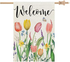 CROWNED BEAUTY Spring House Flag Floral 28x40 Inch Double Sided for Outside Tulips Welcome Burlap Large Yard Holiday Flag CF743-40
