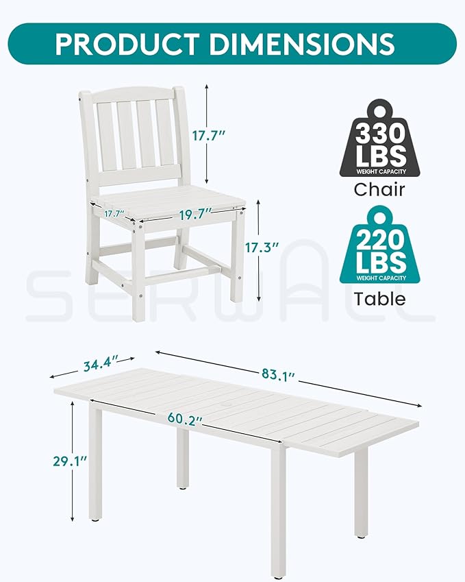 SERWALL Outdoor Dining Chairs Set of 2, All-Weather HDPE Patio Armless Chairs, White