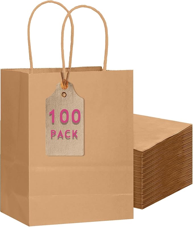qiqee 100-Packs Brown Paper Gift Bags with Handles Bulk 7.6"x4.75"x10.5" Medium Size Gift Bags Multiple Uses