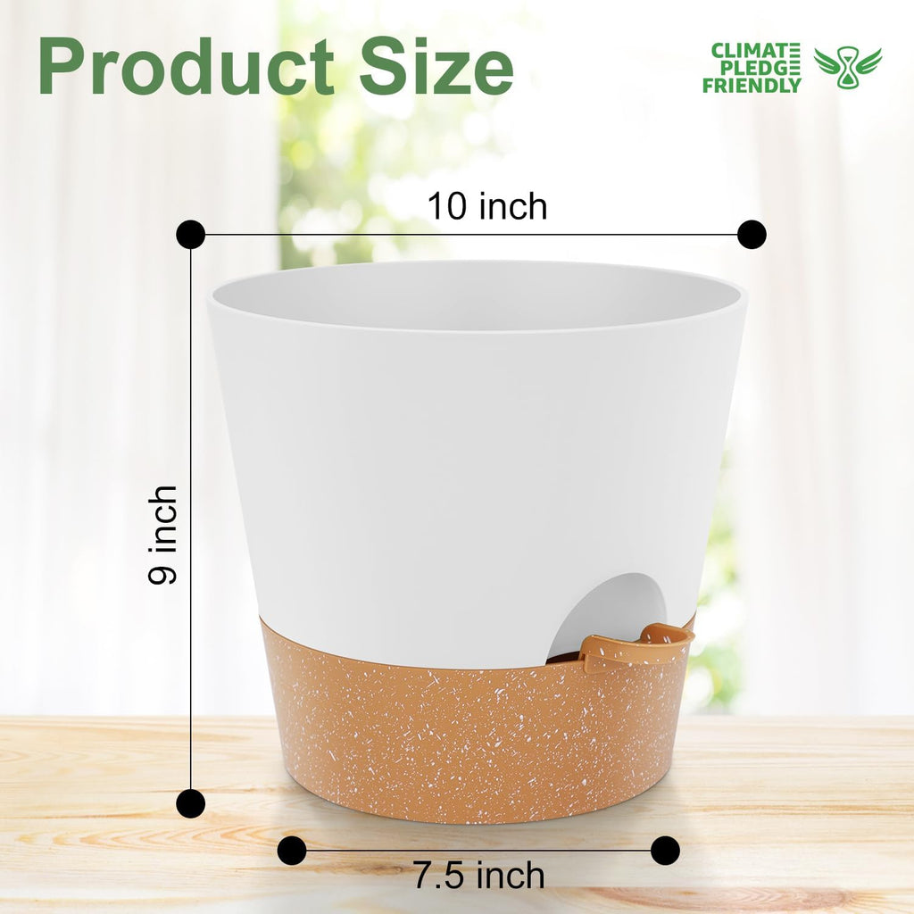 10 inch Plant Pots, Self-Watering Planters with Drainage Holes & Saucers for Indoor and Outdoor Plants (2-Pack,White