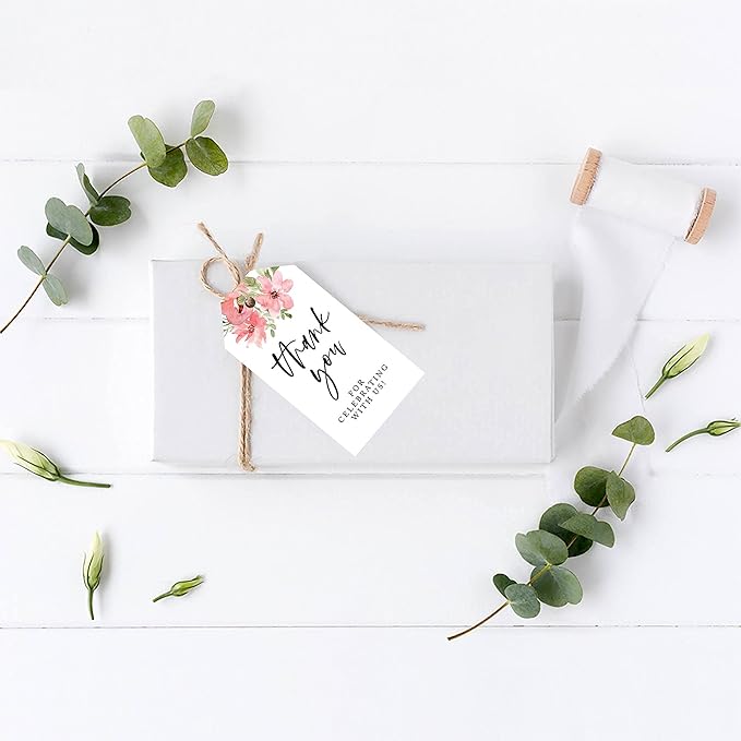 Andaz Press 100-Pack Thank You for Celebrating with Us Favor Tags Coral Watercolor Florals Cardstock Gift Tags with Bakers Twine for Wedding Baby Shower Bridal Shower Party Favors 2 x 3.75-Inches