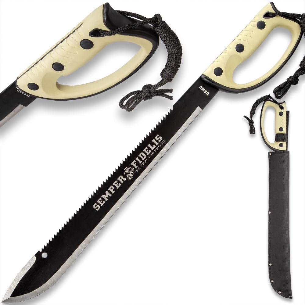 United Cutlery USMC Semper Fi Sawback Machete Knife with Sheath | Full-Tang Machete | 17 1/2" Non-Reflective Stainless Steel Blade | Saber-Style Handguard Handle | Modern Tactical Weapon - 24” Overall