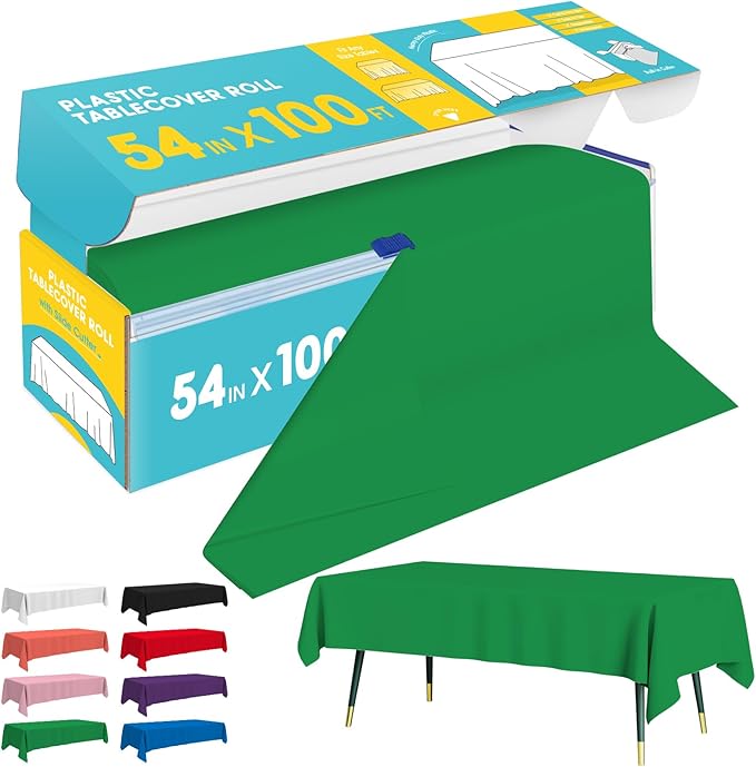 Green Plastic Table Cover Roll - 54IN x 100FT, Table Cloth for Rectangle Table with Slide Cutter, Plastic Table Cloth Disposable with Cut-to-Size Design for Weddings, Banquets, Parties