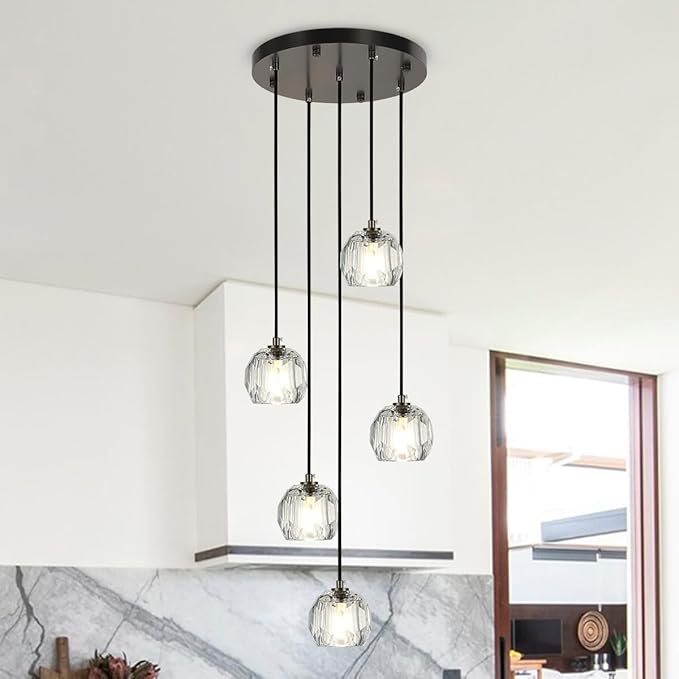 5 Lights Cluster Pendant Lighting, Brushed Black Crystal Pendant Chandelier, Foyer Chandelier Light Fixture Modern Hanging Lights for Kitchen Island Dining Room