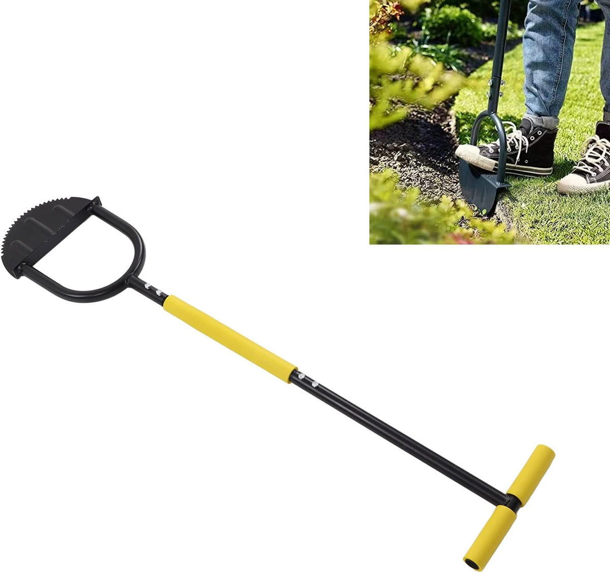 Manual Lawn Edger with Steel Blade T-Handle & Wide Pedal - Garden Path Edging & Trimming Tool for Sidewalks with Comfort Sponge Cover
