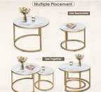 aboxoo Coffee Table Nesting White Set of 2 Side Set Golden Frame Circular Round and Marble Pattern Wooden Tables, Living Room Bedroom Apartment Modern Industrial Simple Nightstand