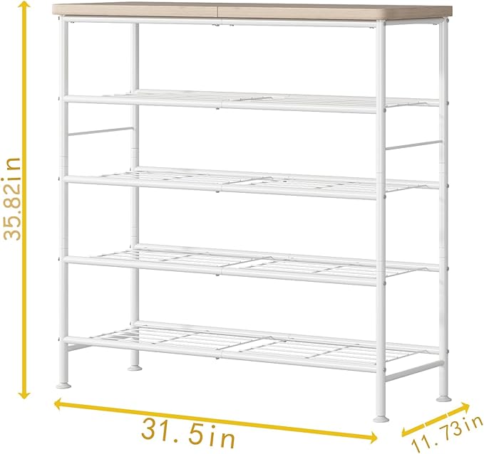 Shoe Rack Organizer 5 Tier for Closet Entryway Free Standing Metal Storage Shoe Shelf with MDF Top Board，White+Oak