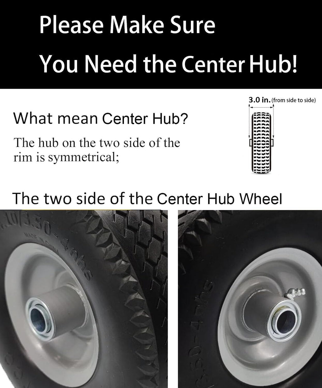 Flat Free 4.10/3.50-4 Tire with 1/2 Axle Bore, 3-4” Center Hub 10 inch Solid Tire Replacement for Hand Truck/Wagon/Garden Cart/Wheelbarrow/Dolly(Set of 2)