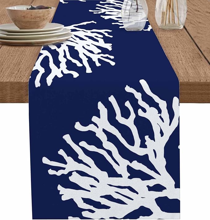 Coastal Coral Cotton Linen Table Runner for Dining Kitchen, Wedding Outdoor Party Tablerunners Decoration, Navy Blue Nautical Ocean Beach Dresser Scarf Coffee Tablecloth Runners 13x90 Inches