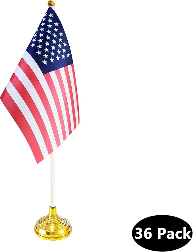 36 Pack USA US Desk Flags,Small Mini American Deluxe Table Flags Set with Stand Base，8.2 x 5.5 inches Miniature Desktop Flag