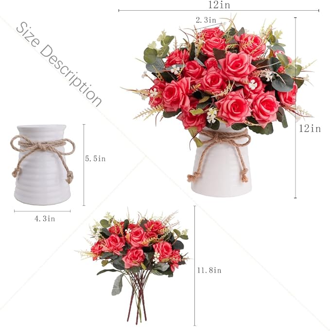 LESING Artificial Rose with Vase,Fake Silk Flowers Bouquets in Vase Table Centerpiece Arrangement for Kitchen Living Room(Red-1)