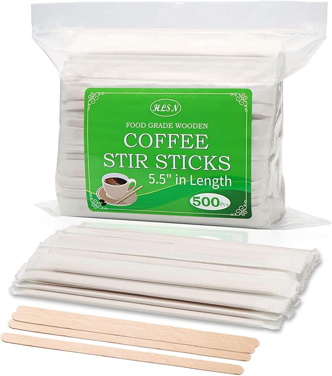 Wooden Coffee Stirrers Individually Wrapped, 500-Count 5.5 Inch Birch Stir Sticks, Natural & Eco-Friendly Disposable Wood Stirrers for Coffee, Hot Drinks, Cocktails, Coffee Bar Accessories ﻿