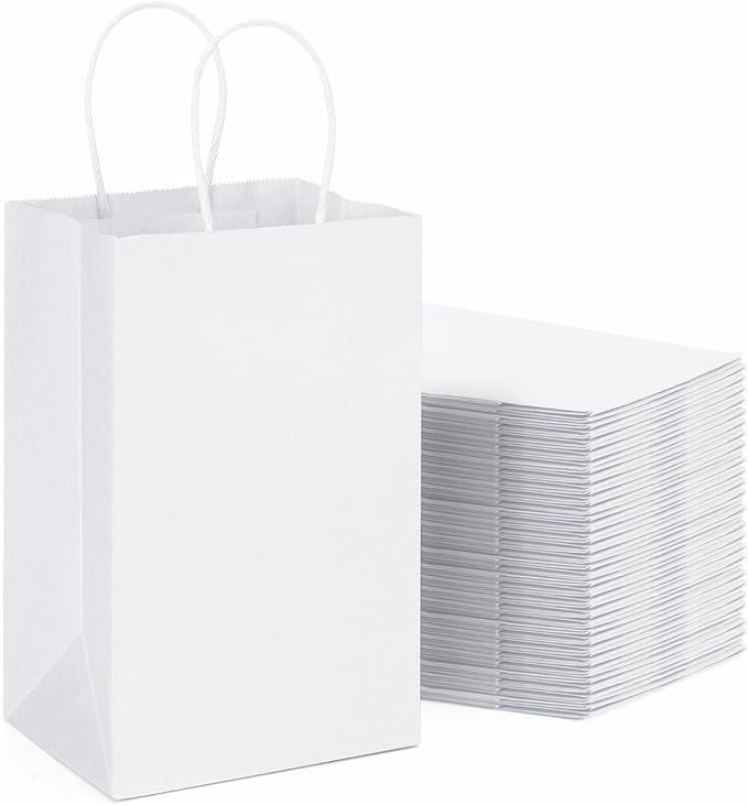 METRONIC Kraft Paper Gift Bags with Handles 5.25x3.75x8 Inch 600 Pcs | Christmas, Birthday Party Favors, Retail Shopping, Small Business Bulk | White Gift Wrap Bag
